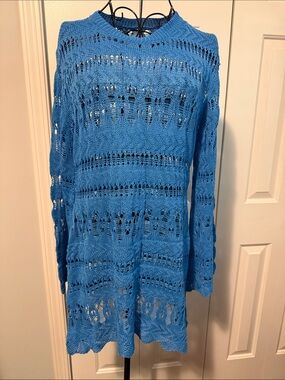 Bright Blue Crochet Knit Swim Coverup Tunic